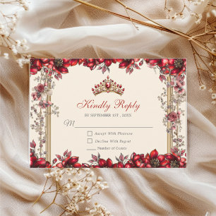 Cream und roter goldener Tiara Blumen Quinceañera RSVP Karte