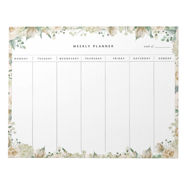 Cream Watercolor Floral Weekly Planner Notizblock (Vorderseite)