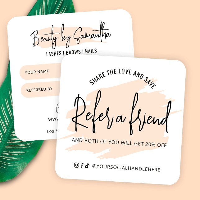 Cream Watercolor Referat Ein freundlicher Salon Quadratische Visitenkarte (Modern cream and white Refer a Friend business cards. Featuring watercolor design & modern fonts)