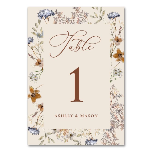 Cream Watercolor Wildflowers Calligraphy Tischnummer (Vorderseite)