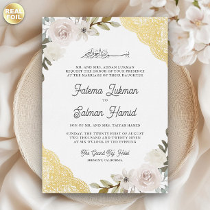 Cream Weiße Rosen Goldene Spitze Islamische Muslim Folieneinladung