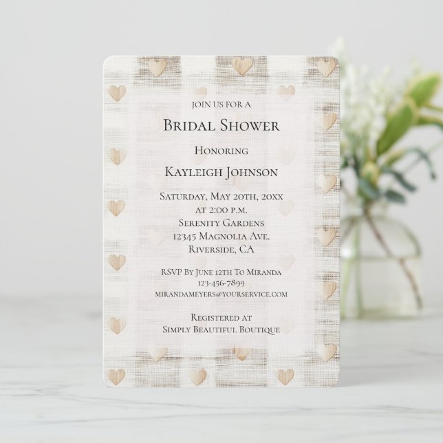 Cream White Beige Boho Hearts Brautparty Einladung (Stehend Vorderseite)