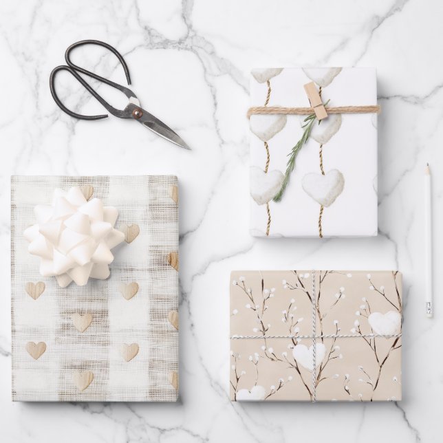 Cream White Beige Boho Hearts Brautparty Geschenkpapier Set (Vorderseite)