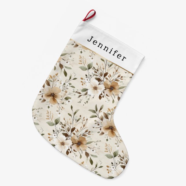 Cream White Brown Floral Christmas Großer Weihnachtsstrumpf (Vorderansicht (hängend))