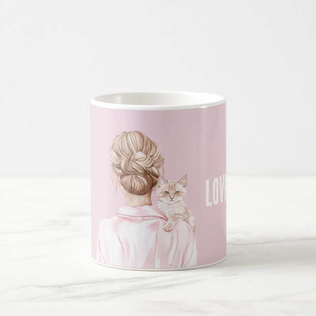 Cream White Cat Pink Bow Female Kaffeetasse (Mittel)