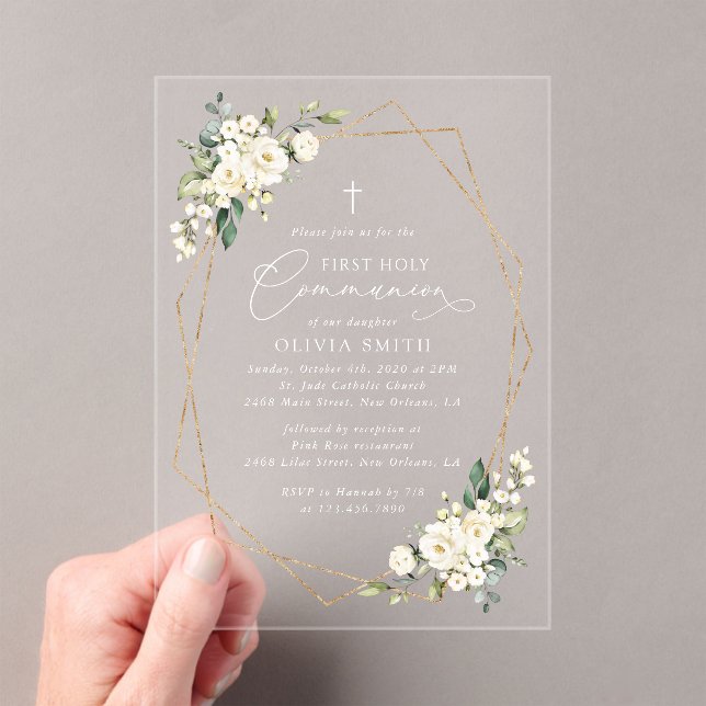 Cream White Flowers, Boho, First Holy Communion Acryleinladungen (Insitu (Handheld))