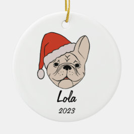 Cream/White Frenchie Weihnachtsmannmütze Weihnacht Keramik Ornament