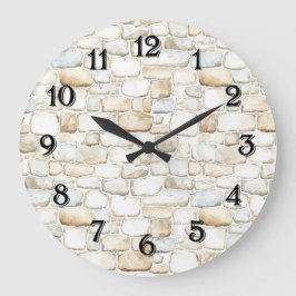 Cream White Grey Faux Stones   Große Wanduhr