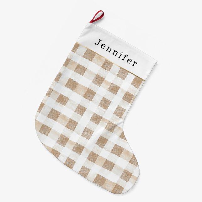Cream White Plaid Stripes Christmas Großer Weihnachtsstrumpf (Vorderansicht (hängend))
