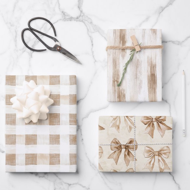 Cream White Plaid Stripes Floral Birthday Geschenkpapier Set (Vorderseite)