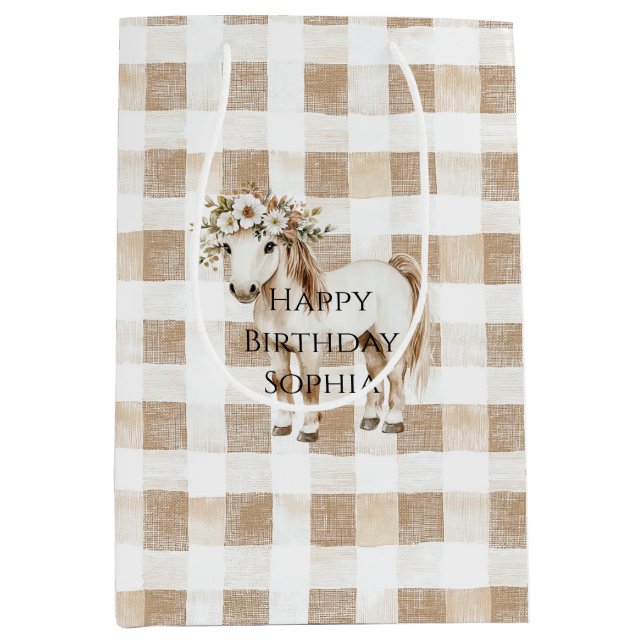 Cream White Plaid Stripes Horse Birthday Mittlere Geschenktüte (Vorderseite)