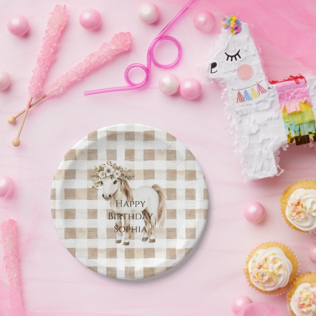 Cream White Plaid Stripes Horse Birthday Pappteller (Party)
