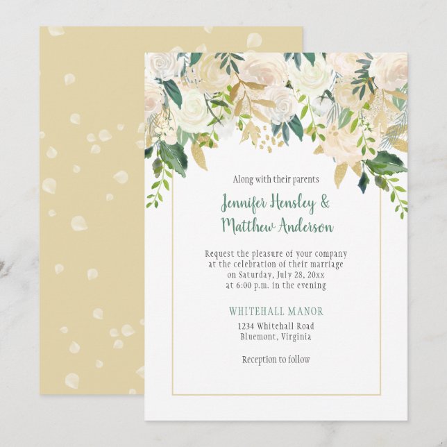 Cream White Roses Cascade Hochzeitseinladung Einladung (Vorne/Hinten)