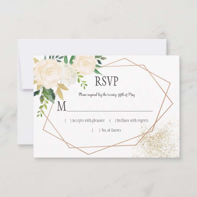 Cream White Roses Glitzer Greenery Geometric UAWG RSVP Karte (Vorderseite)