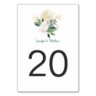 Cream White Roses Glitzer Grüne Tischkarten Tischnummer