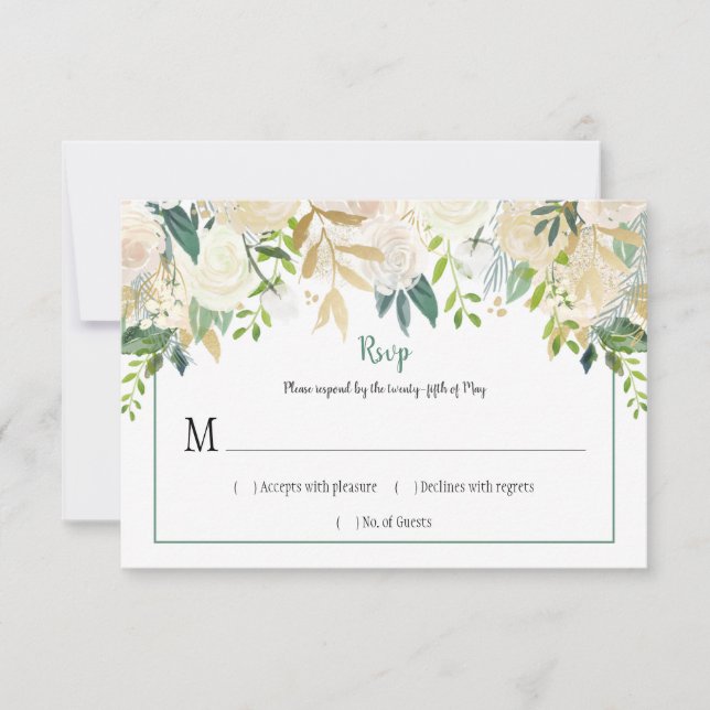 Cream White Roses Glitzer Grüne UAWG | RSVP Karte (Vorderseite)