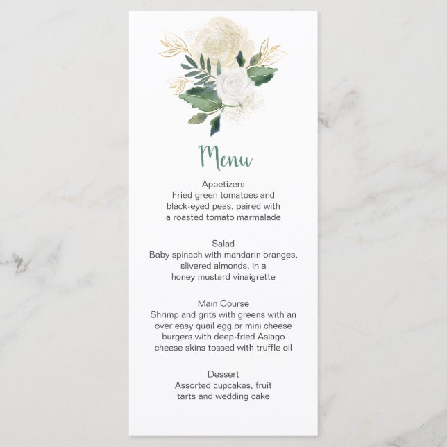 Cream White Roses Glitzer Rack Cards Menükarte (Vorderseite)