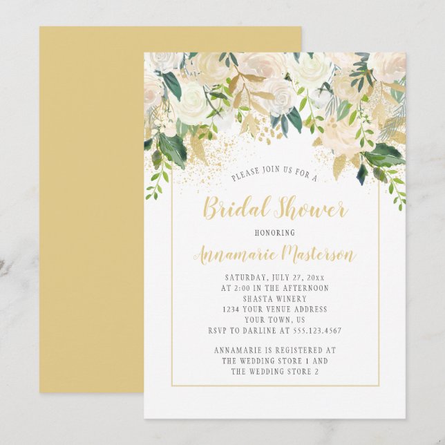 Cream White Roses Gold Accent Brautparty Einladung (Vorne/Hinten)