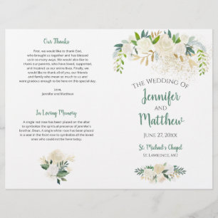 Cream White Roses Gold Glitzer Hochzeitsprogramm