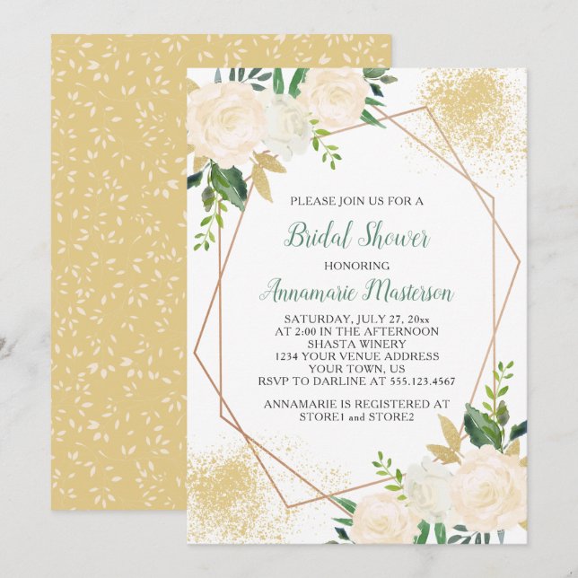 Cream White Roses Greenery Geometrisches Brautpart Einladung (Vorne/Hinten)