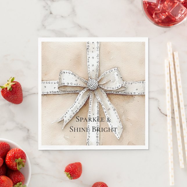 Cream White Silver Glitzy Glam Bow Birthday Serviette (Beispiel)