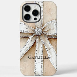 Cream White Silver Glitzy Glam Bow iPhone 16 Pro Max Hülle