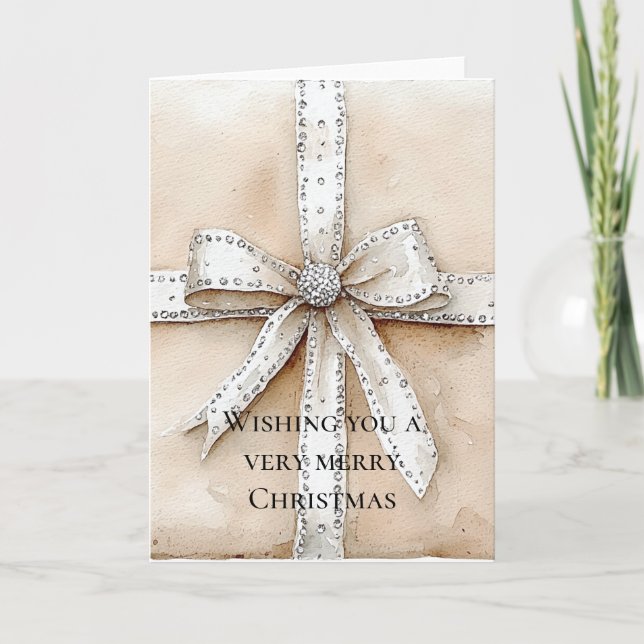 Cream White Silver Glitzy Glam Bow Weihnachten Karte (Vorderseite)
