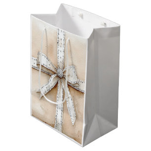 Cream White Silver Glitzy Glam Bow Weihnachten Mittlere Geschenktüte