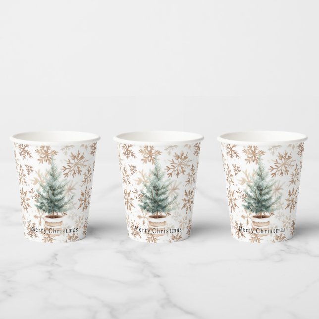 Cream White Snowflakes Christmas Tree Pappbecher (Multi)