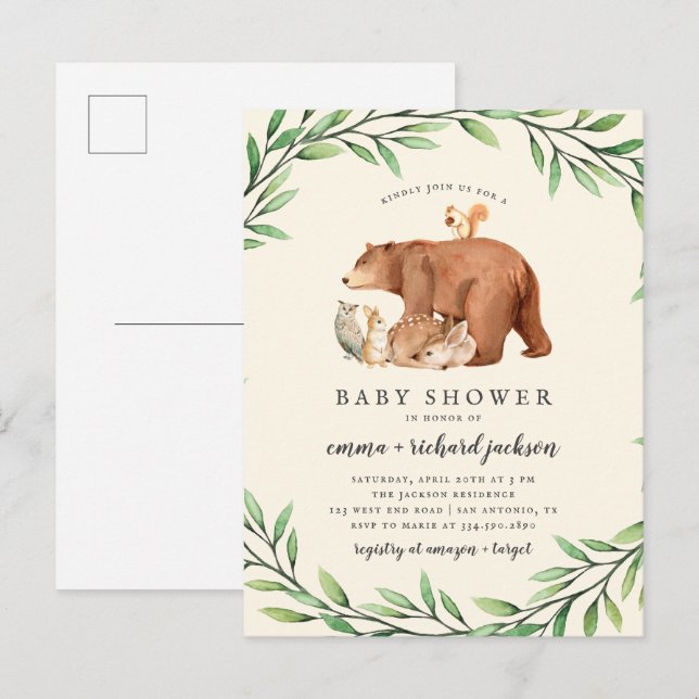 Cream Woodland Grünland Forest Animals Kinderdusch Einladungspostkarte (Vorne/Hinten)