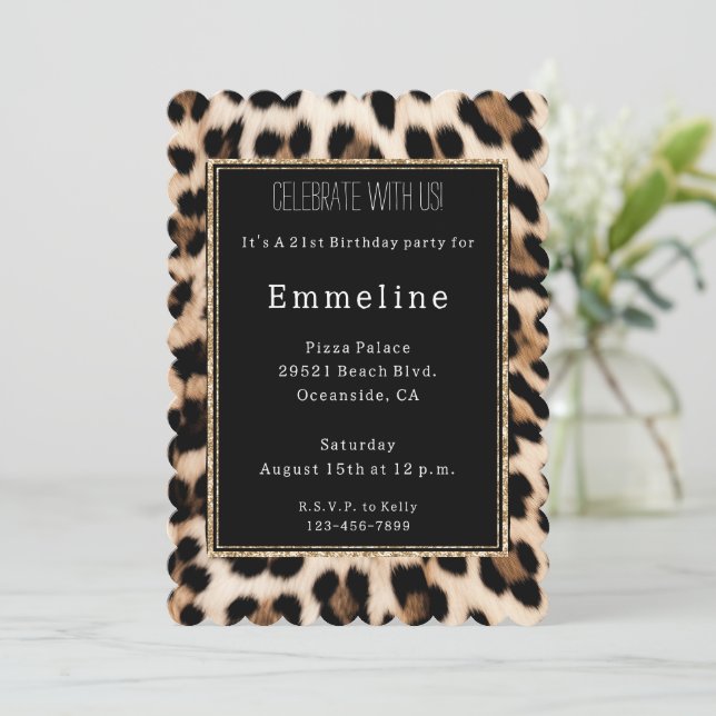 Creamy Brown Black Leopard Gold Glitzer Einladung (Stehend Vorderseite)