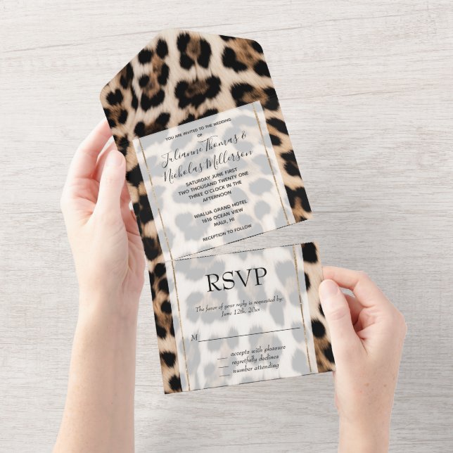 Creamy Brown Black Leopard Wedding All In One Einladung (Abreißen)