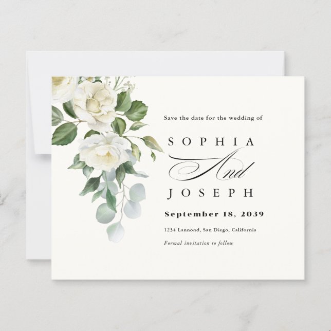 Creamy Floral Eucalyptus Wedding Save the date (Vorderseite)