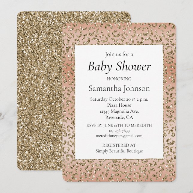 Creamy Peach Glitzer Gold Leopard Print Einladung (Vorne/Hinten)