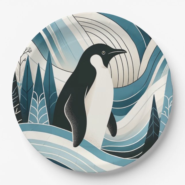 Creamy Sky Blue Pinguin im Eiswinterwald Pappteller (Vorderseite)