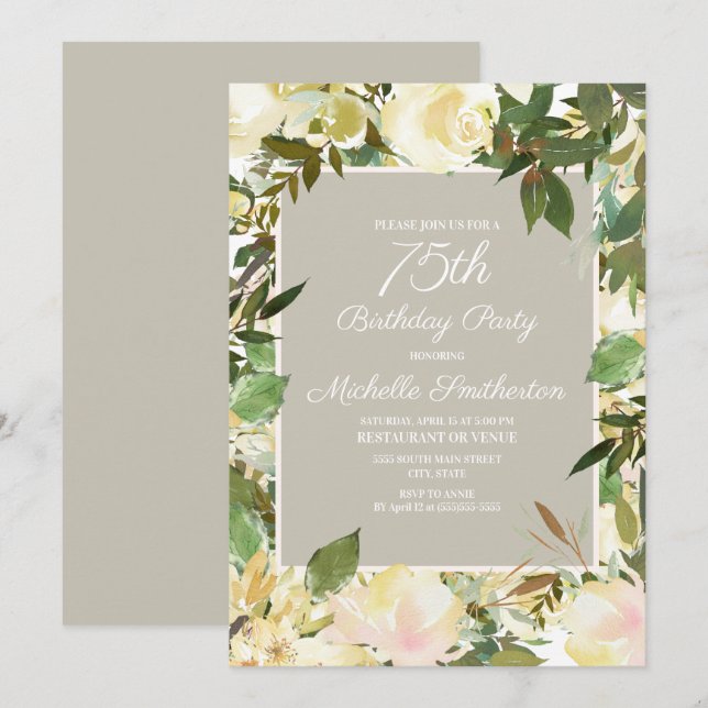 Creamy White Floral Botanical 75. Geburtstag Einladung (Vorne/Hinten)