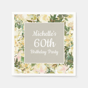 Creamy White Sage Green Floral 60. Geburtstag Serviette