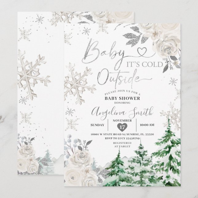 Creamy White Snowflake Blumenwald Babydusche Einladung (Vorne/Hinten)