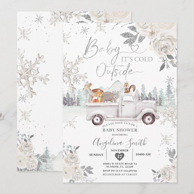 Creamy White Snowflake Floral Truck Baby Dusche Einladung (Vorne/Hinten)