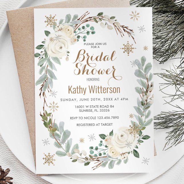 Creamy White Winter Floral Snowflake Brautparty Einladung (Von Creator hochgeladen)