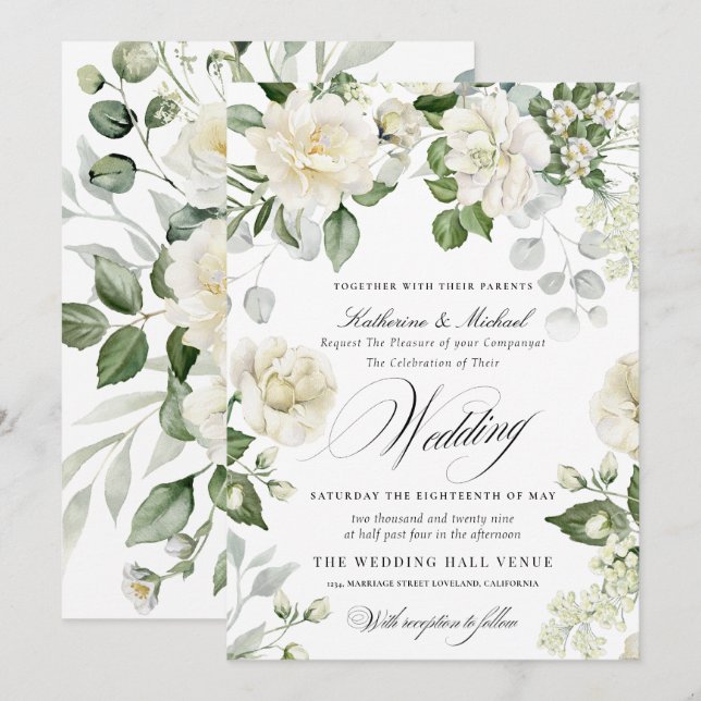 CreamyFloral Eucalyptus Script Calligraphy Wedding Einladung (Vorne/Hinten)