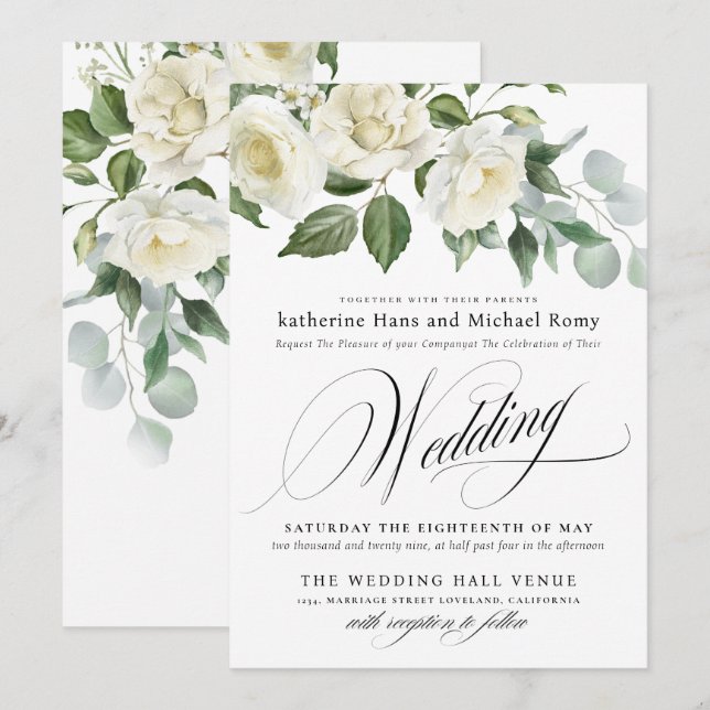 CreamyFloral Eucalyptus Script Calligraphy Wedding Einladung (Vorne/Hinten)