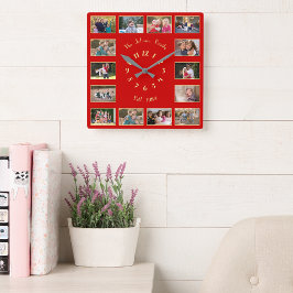 Create Custom 14 Family Photo Collage Red Gold Squ Quadratische Wanduhr