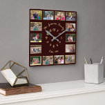 Create Custom Brown Faux Gold Family Photo Collage Quadratische Wanduhr<br><div class="desc">Create your own custom, personalized, faux gold and dark brown, elegant faux gold typography font script, family 14 photo collage keepsake square wall clock. To customize, simply type in your family name & year, and add fourteen of your favorite family / kids / baby / pets / couple / wedding...</div>