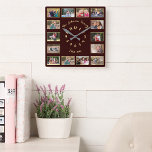 Create Custom Brown Faux Gold Family Photo Collage Quadratische Wanduhr<br><div class="desc">Create your own custom, personalized, faux gold and dark brown, elegant faux gold typography font script, family 14 photo collage keepsake square wall clock. To customize, simply type in your family name & year, and add fourteen of your favorite family / kids / baby / pets / couple / wedding...</div>