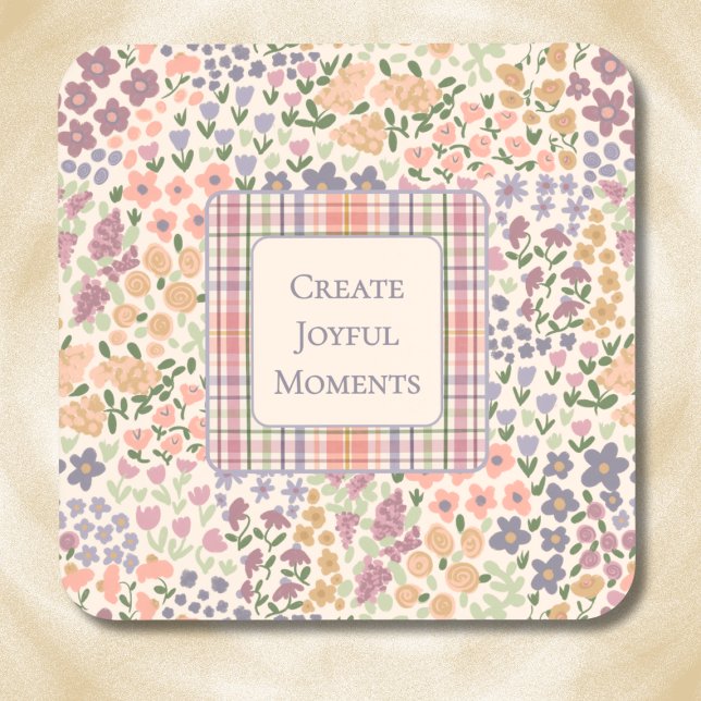 Create Joyful Moments Floral Plaid Coaster Set Getränkeuntersetzer (Create Joyful Moments Coaster – Personalized Inspirational Quote – Custom Floral Plaid Drinkware)