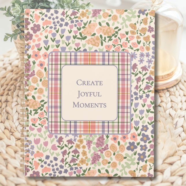 Create Joyful Moments Floral Plaid Planner Planer (Create Joyful Moments Planner – Personalized Inspirational Quote – Custom Floral Design Organizer)