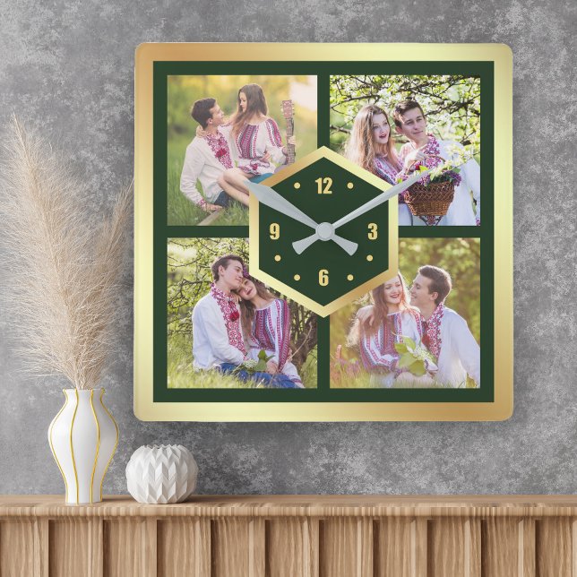 Create Your Own 4 Photo Collage Green and Gold Quadratische Wanduhr (Von Creator hochgeladen)
