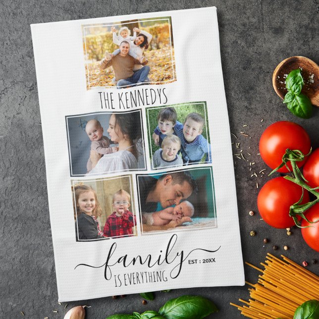 Create Your Own 5 Photo Collage Family Quote Name Geschirrtuch (Von Creator hochgeladen)