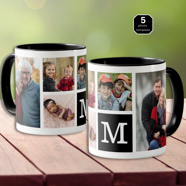 Create Your Own 5 Photo Collage Monogrammed  Black Tasse (Von Creator hochgeladen)